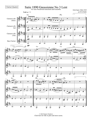 Book cover for Satie Gnossienne No 3 for Clarinet Quartet