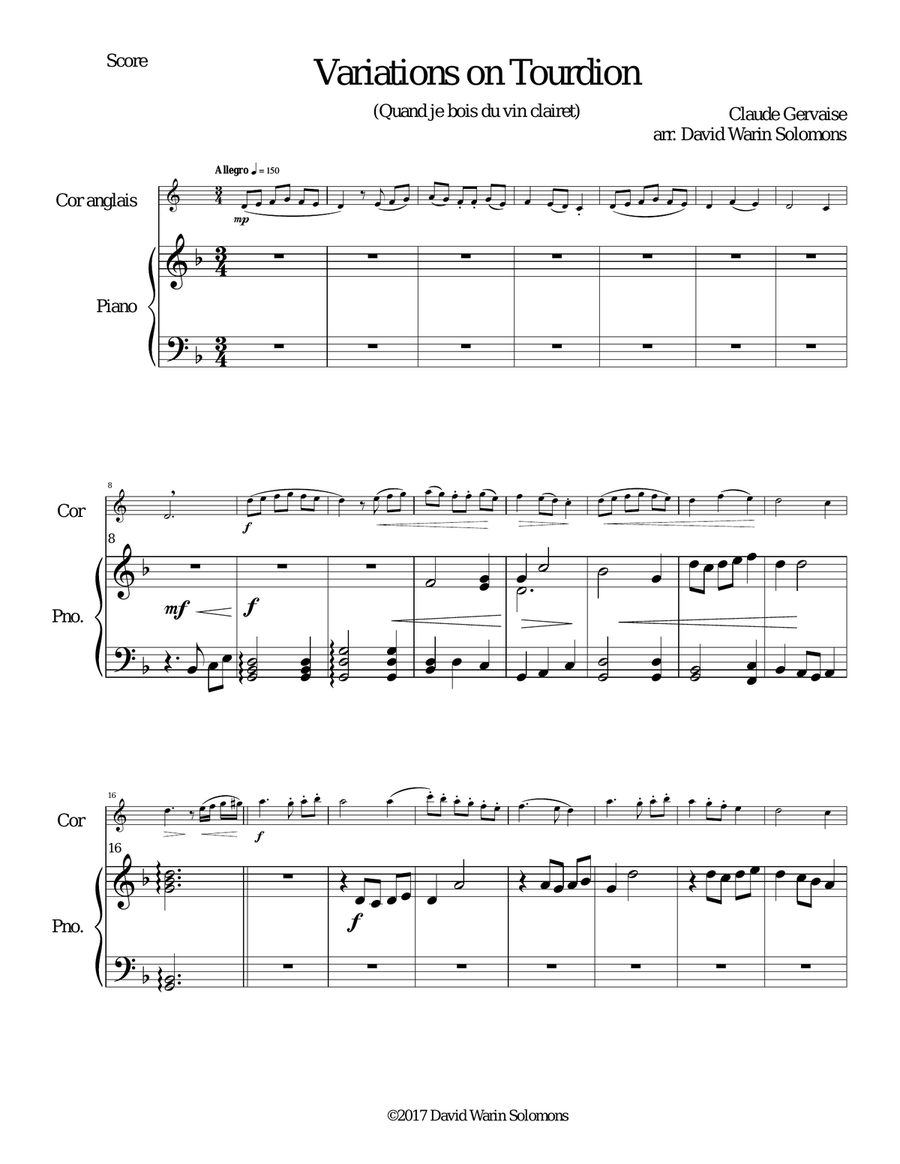 Tourdion (Quand je bois du vin clairet) for cor anglais and piano English Horn scores gallery preview page 1