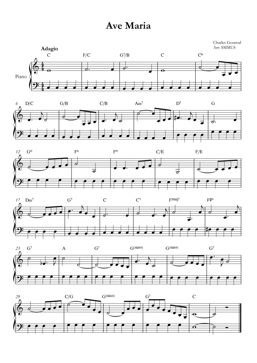 Ave Maria (Bach-Gounod) in C Major for Easy Piano With Chords Piano Method scores gallery preview page 1