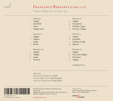 Francesco Barsanti: Sonate a flauto solo con basso, Op. 1 image number null