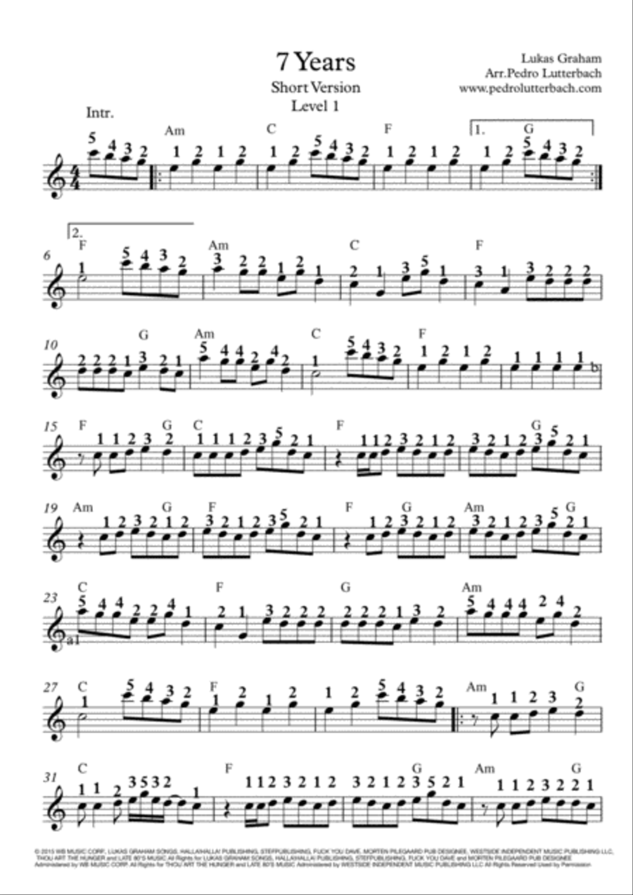 7 Years Easy Piano scores gallery preview page 1