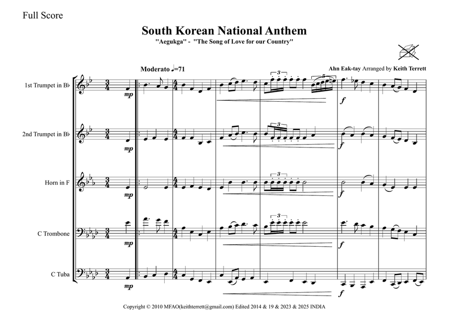 South Korean National Anthem for Brass Quintet (Song of Love for the Country) MFAO World Anthem Seri Brass Quintet scores gallery preview page 2