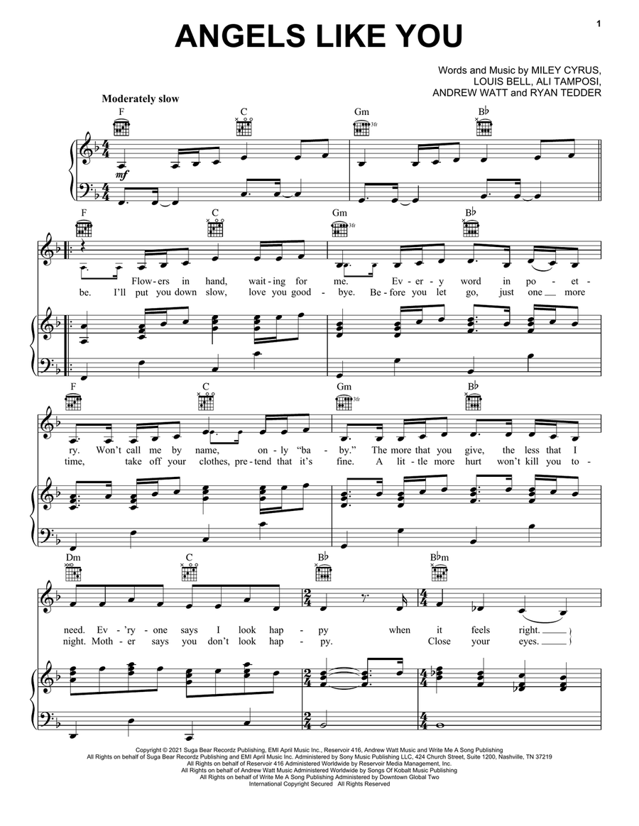 Angels Like You Piano, Vocal, Guitar scores gallery preview page 1