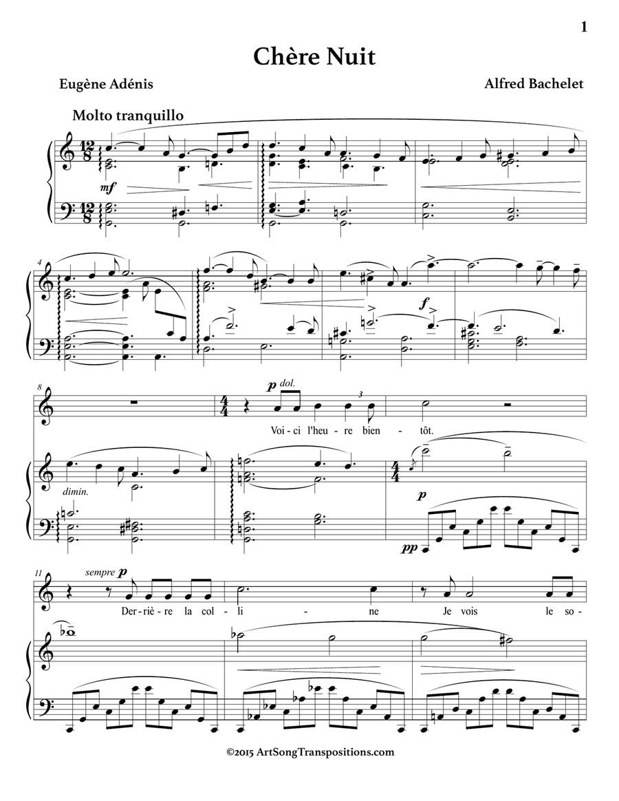 BACHELET: Chère nuit (transposed to C major) Piano, Vocal scores gallery preview page 2