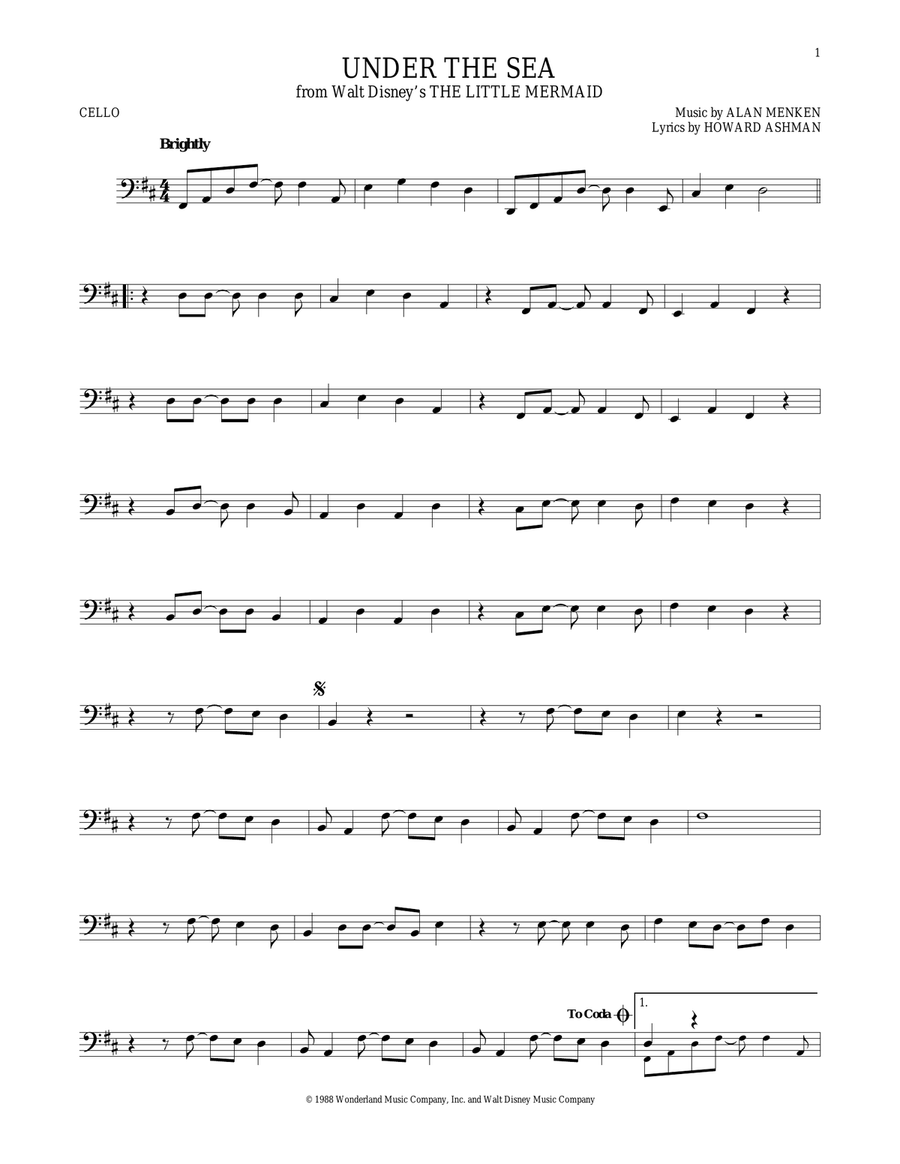 Under The Sea (from The Little Mermaid) Cello Solo scores gallery preview page 1