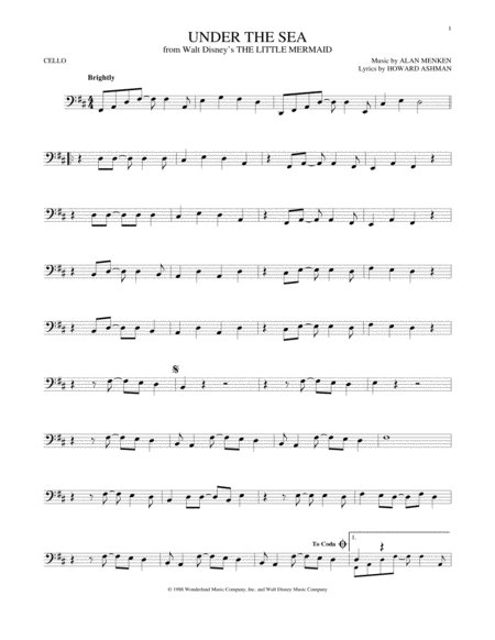 Under The Sea (from The Little Mermaid) by Howard Ashman Cello Solo - Digital Sheet Music