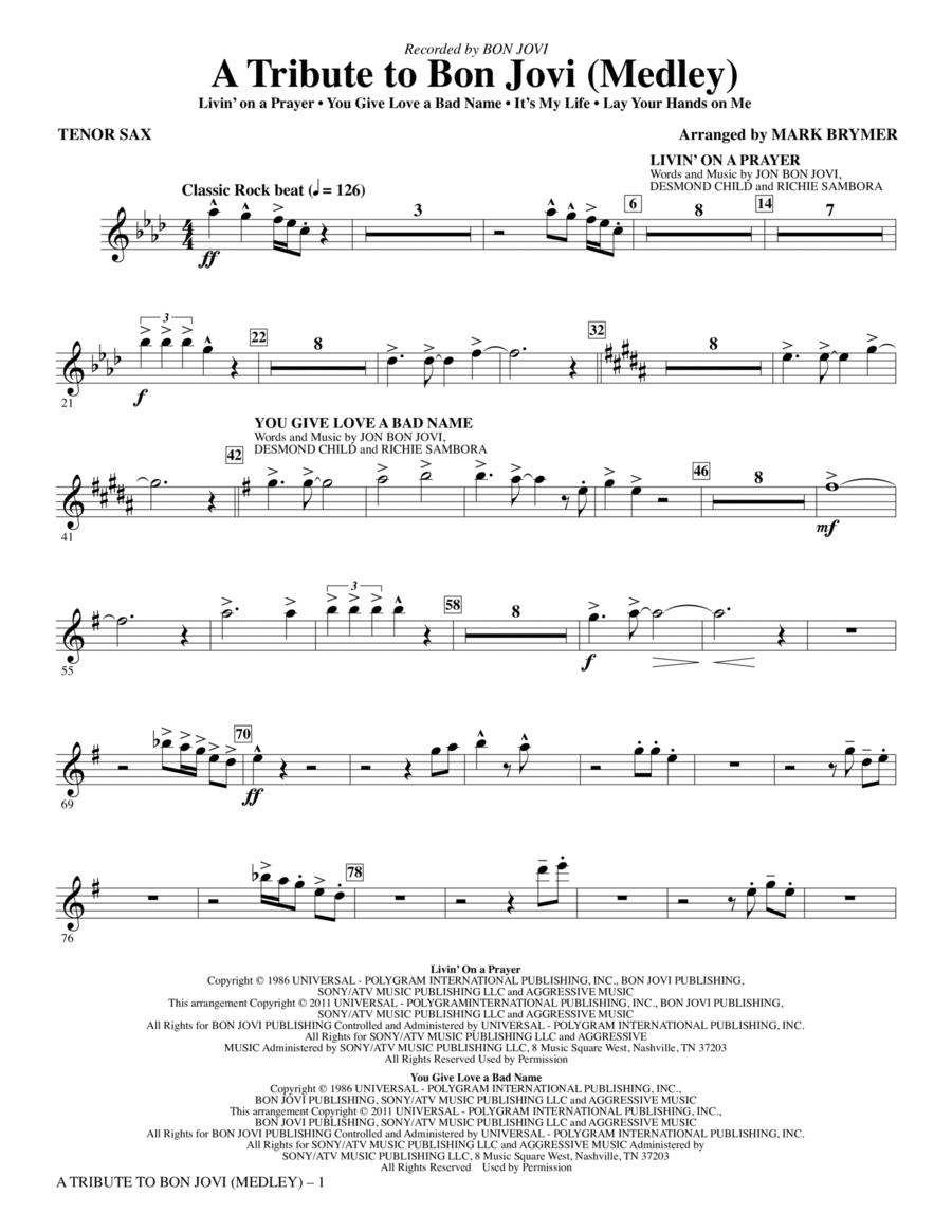 A Tribute To Bon Jovi (Medley) - Bb Tenor Saxophone