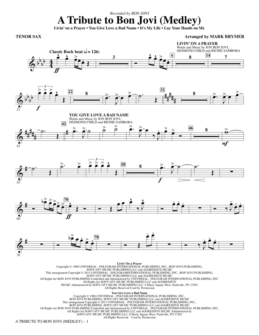 A Tribute To Bon Jovi (Medley) - Bb Tenor Saxophone Choir scores gallery preview page 1