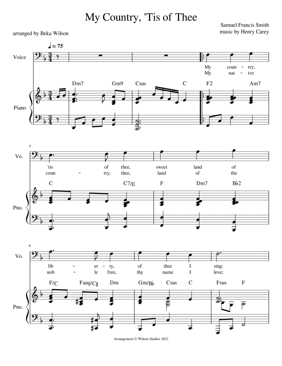 America (My Country 'Tis of Thee)--vocal solo (bass clef) Tenor Voice scores gallery preview page 1