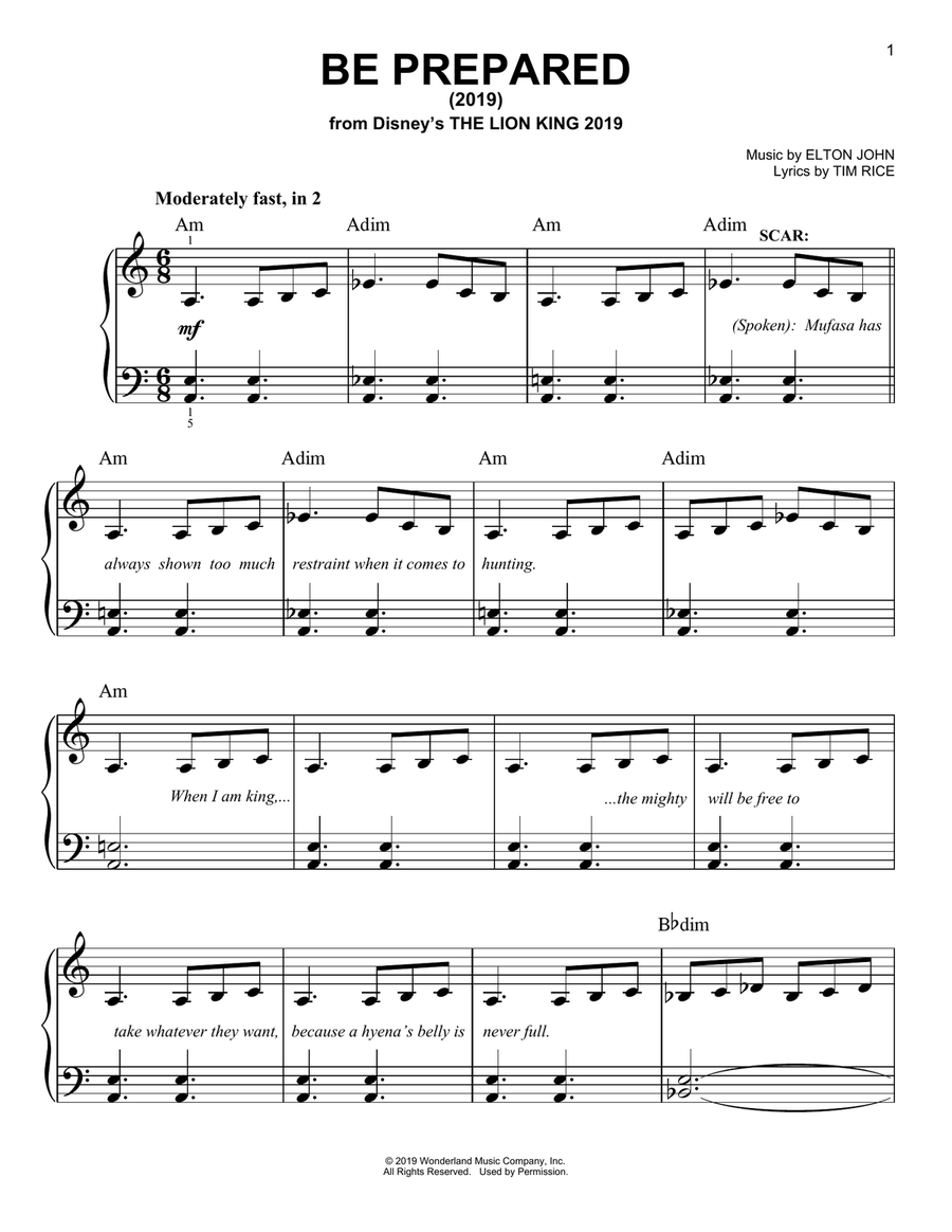 Be Prepared (from The Lion King 2019) Easy Piano scores gallery preview page 1