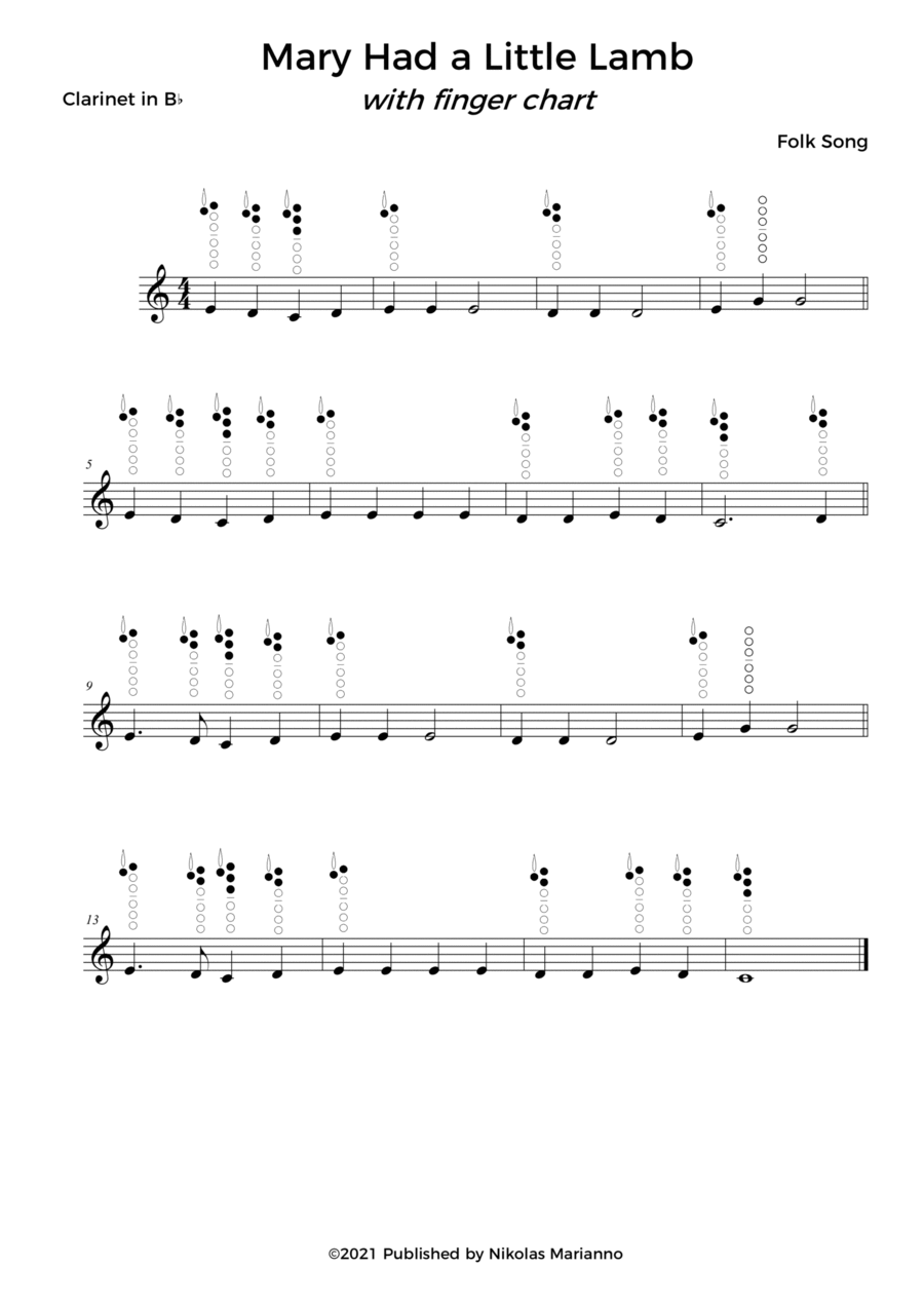 Mary had a little lamb for beginner clarinet with finger chart Clarinet Solo scores gallery preview page 1