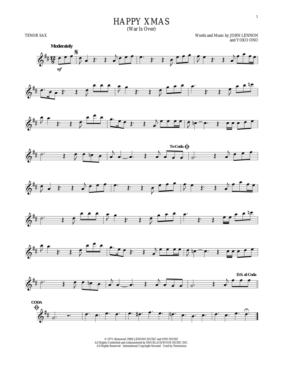 Happy Xmas (War Is Over) Tenor Saxophone scores gallery preview page 1