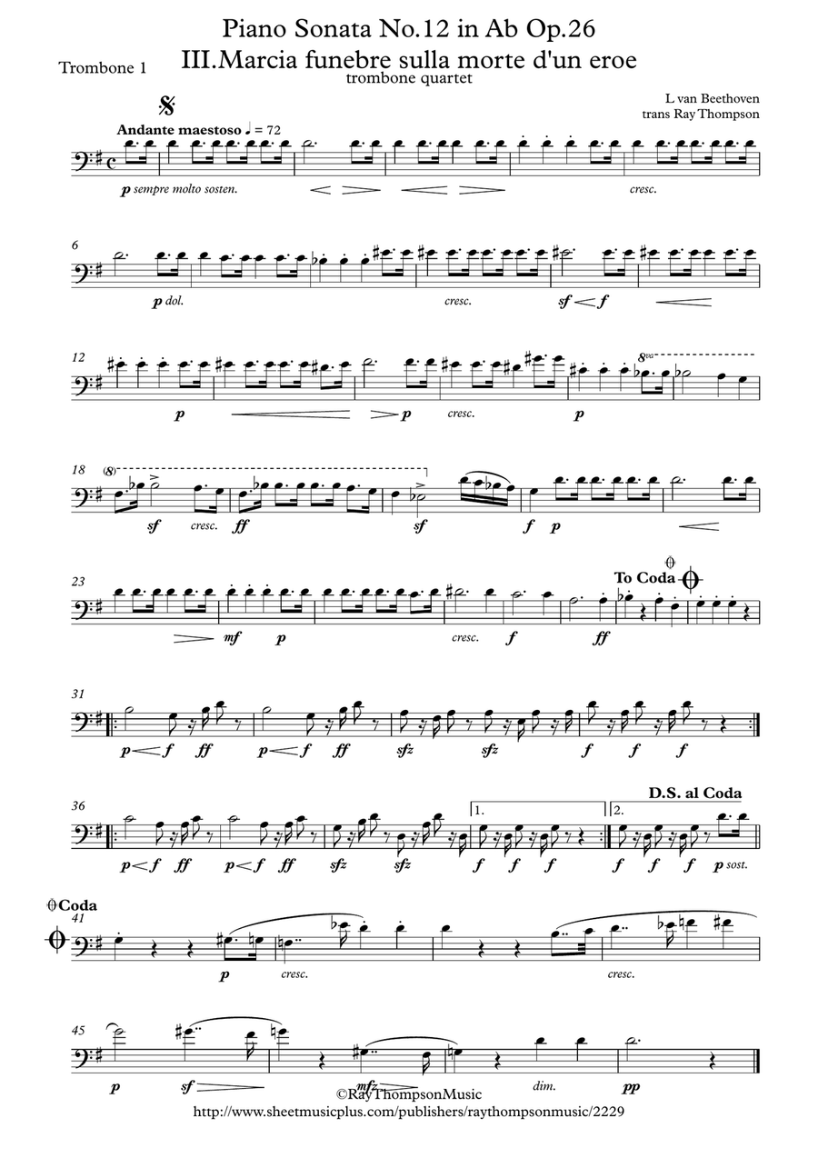 Beethoven: Piano Sonata No.12 in Ab Op.26 Mvt.III Funeral March for a Dead Hero - trombone quartet Brass Quartet scores gallery preview page 4