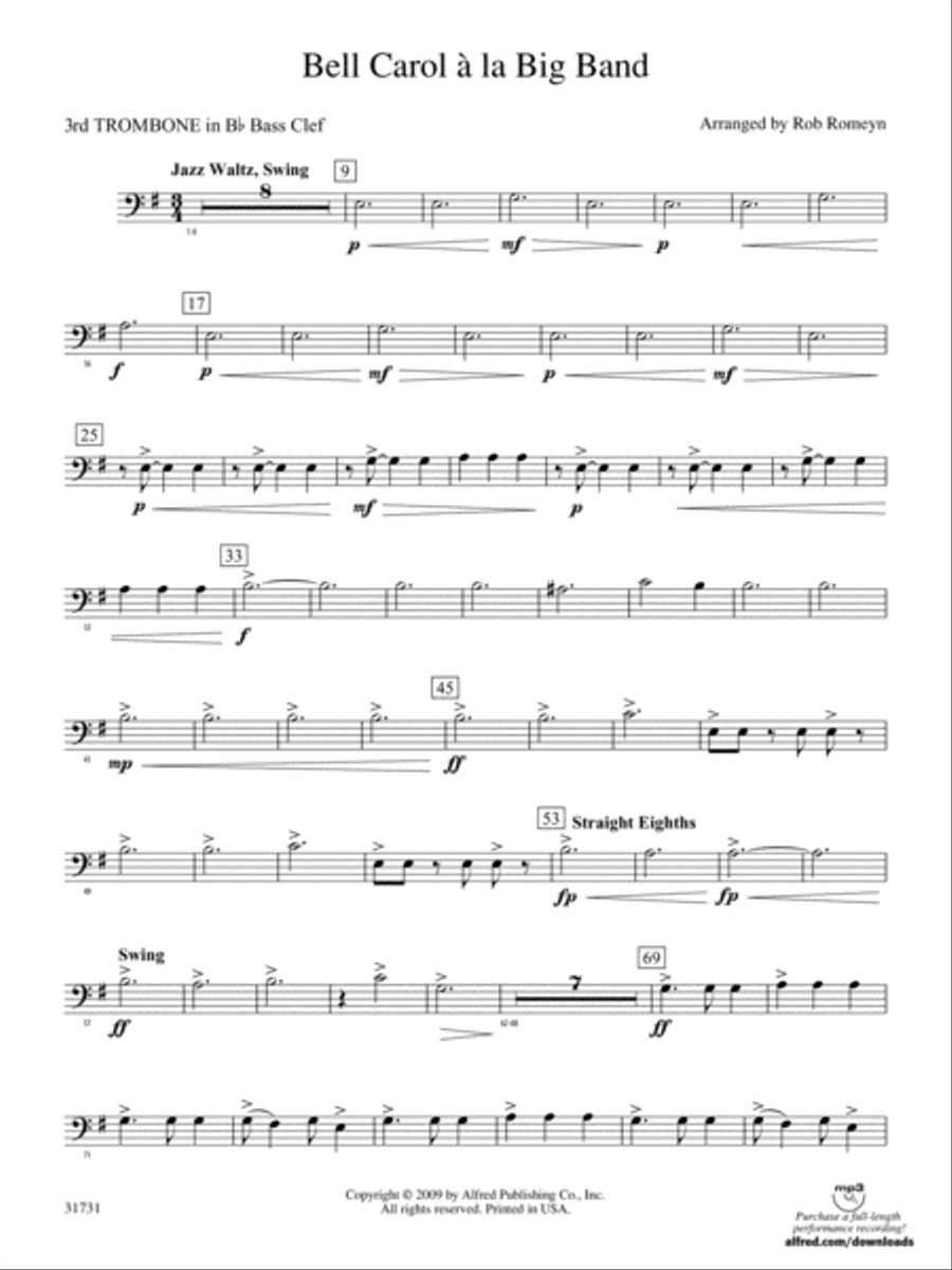 Bell Carol a la Big Band: (World Part) 3rd B-flat Trombone B.C. Concert Band scores gallery preview page 1