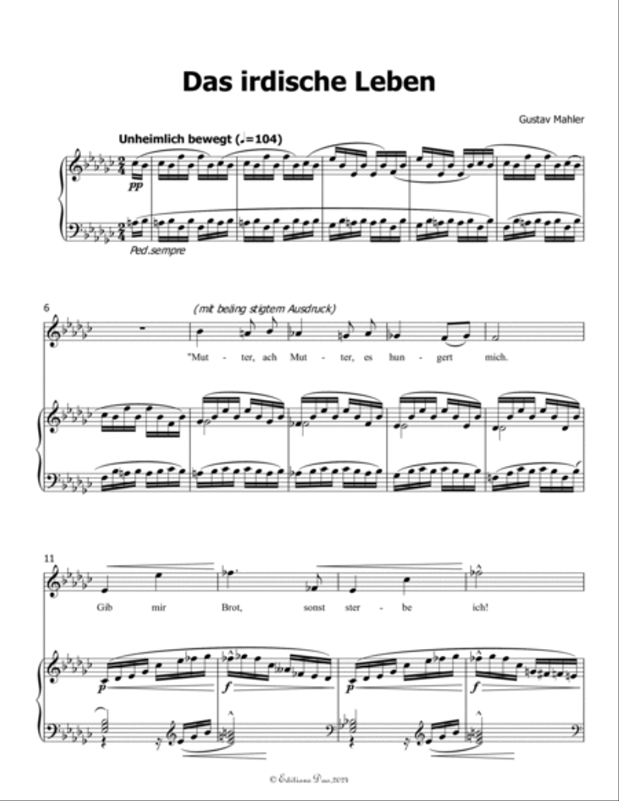 Das irdische Leben, by Mahler, in G flat Major Piano, Vocal scores gallery preview page 3