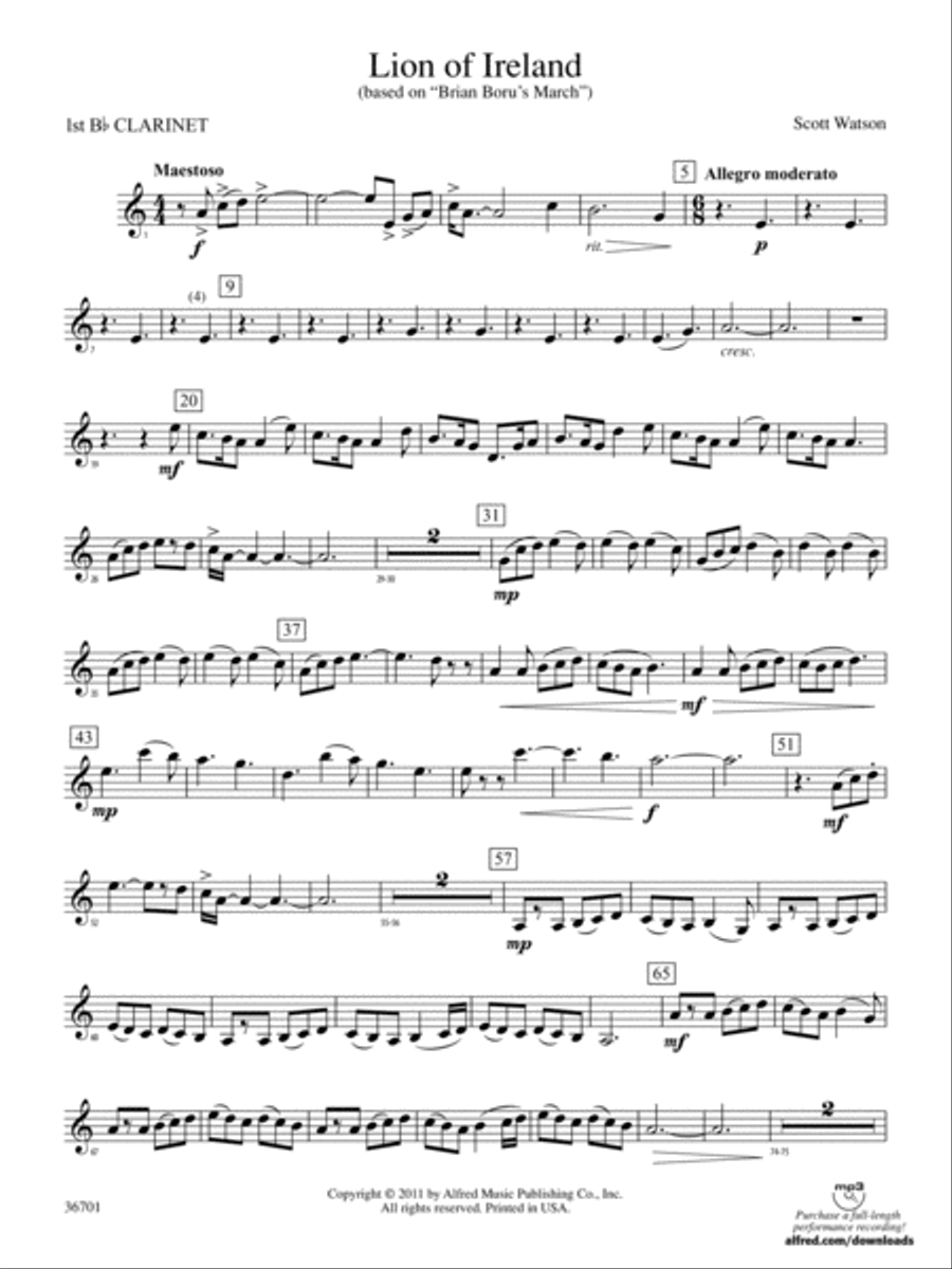 Lion of Ireland: 1st B-flat Clarinet Concert Band scores gallery preview page 1