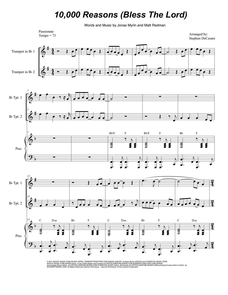 10,000 Reasons (Bless The Lord) Trumpet Duet scores gallery preview page 1