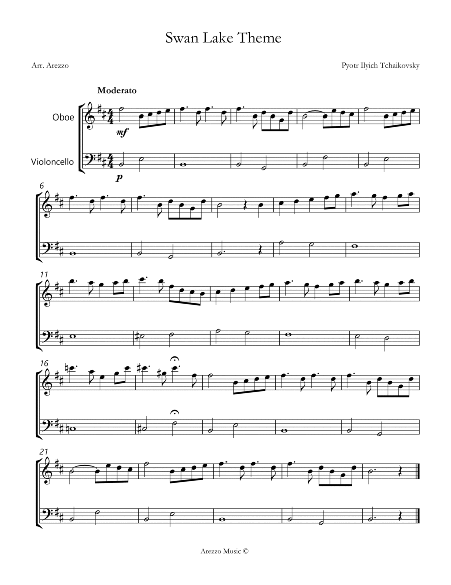 the swan lake theme sheet music for beginners Oboe and Cello Chamber Music scores gallery preview page 1