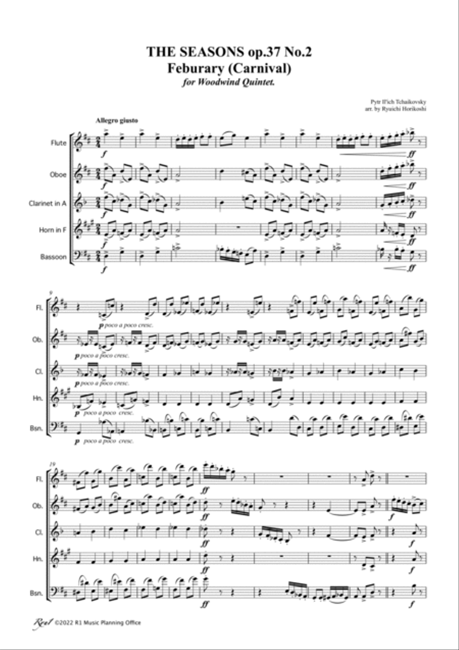 Tchaikovsky: THE SEASONS op.37 No.2 February (Carnival) Woodwind Quintet scores gallery preview page 3