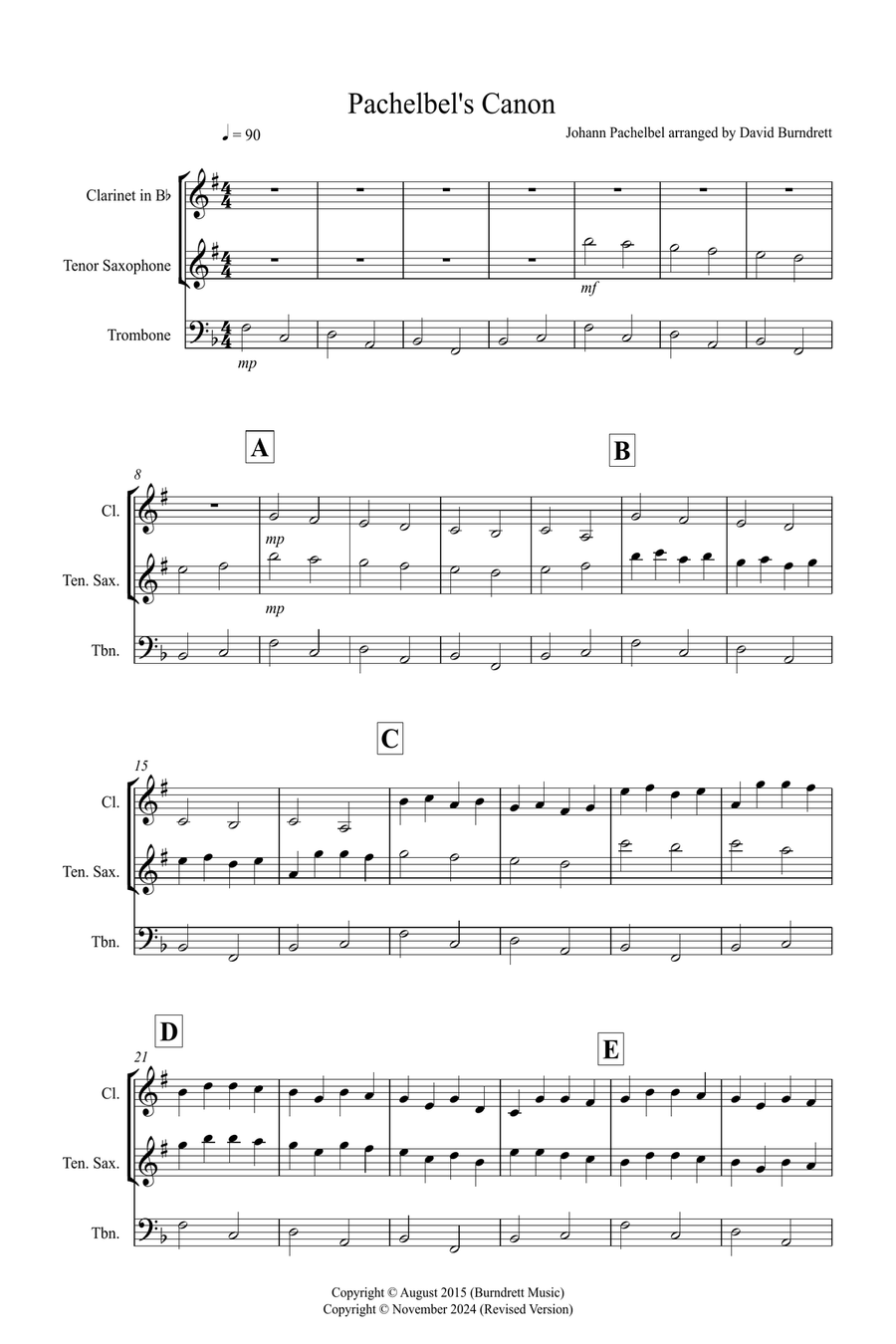Pachelbel's Canon for Clarinet, Tenor Saxophone and Trombone Trio