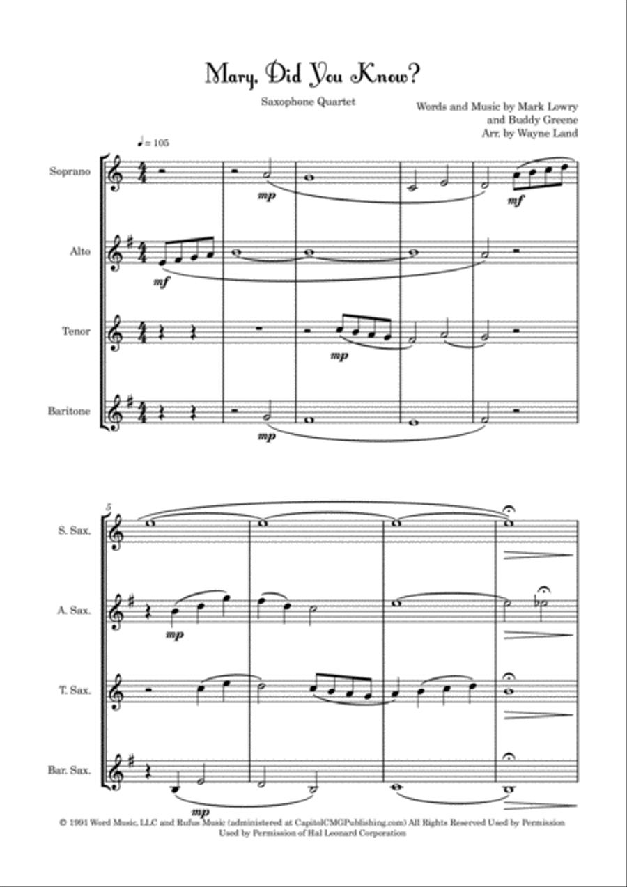 Mary, Did You Know? Saxophone Quartet scores gallery preview page 1