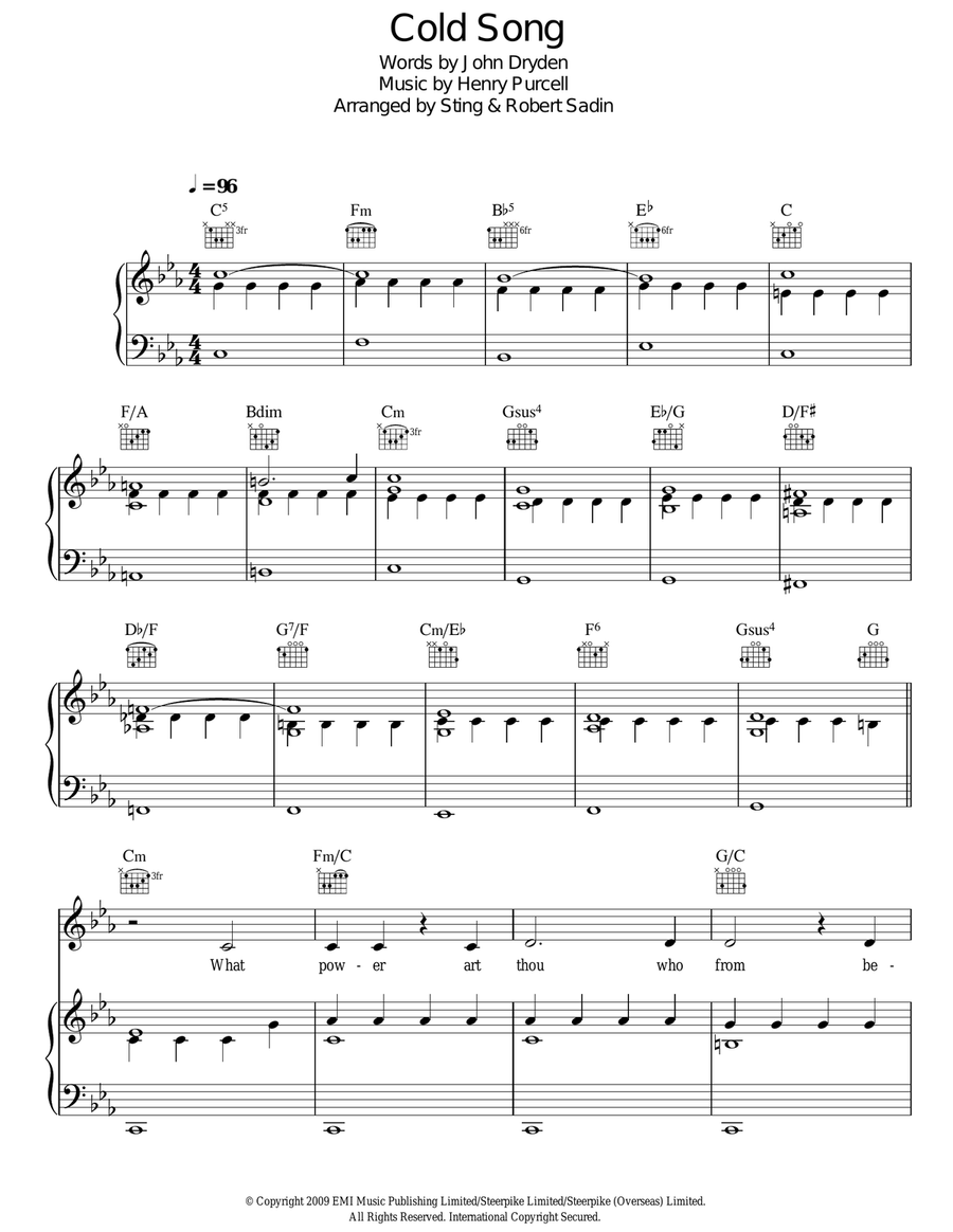 Cold Song Piano, Vocal, Guitar scores gallery preview page 1