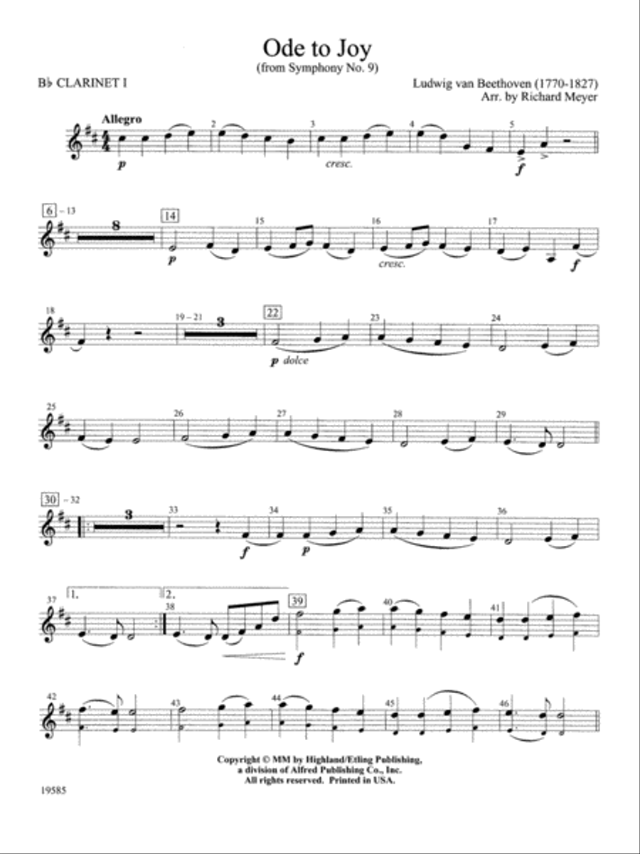 Ode to Joy from Symphony No. 9: 1st B-flat Clarinet Full Orchestra scores gallery preview page 1