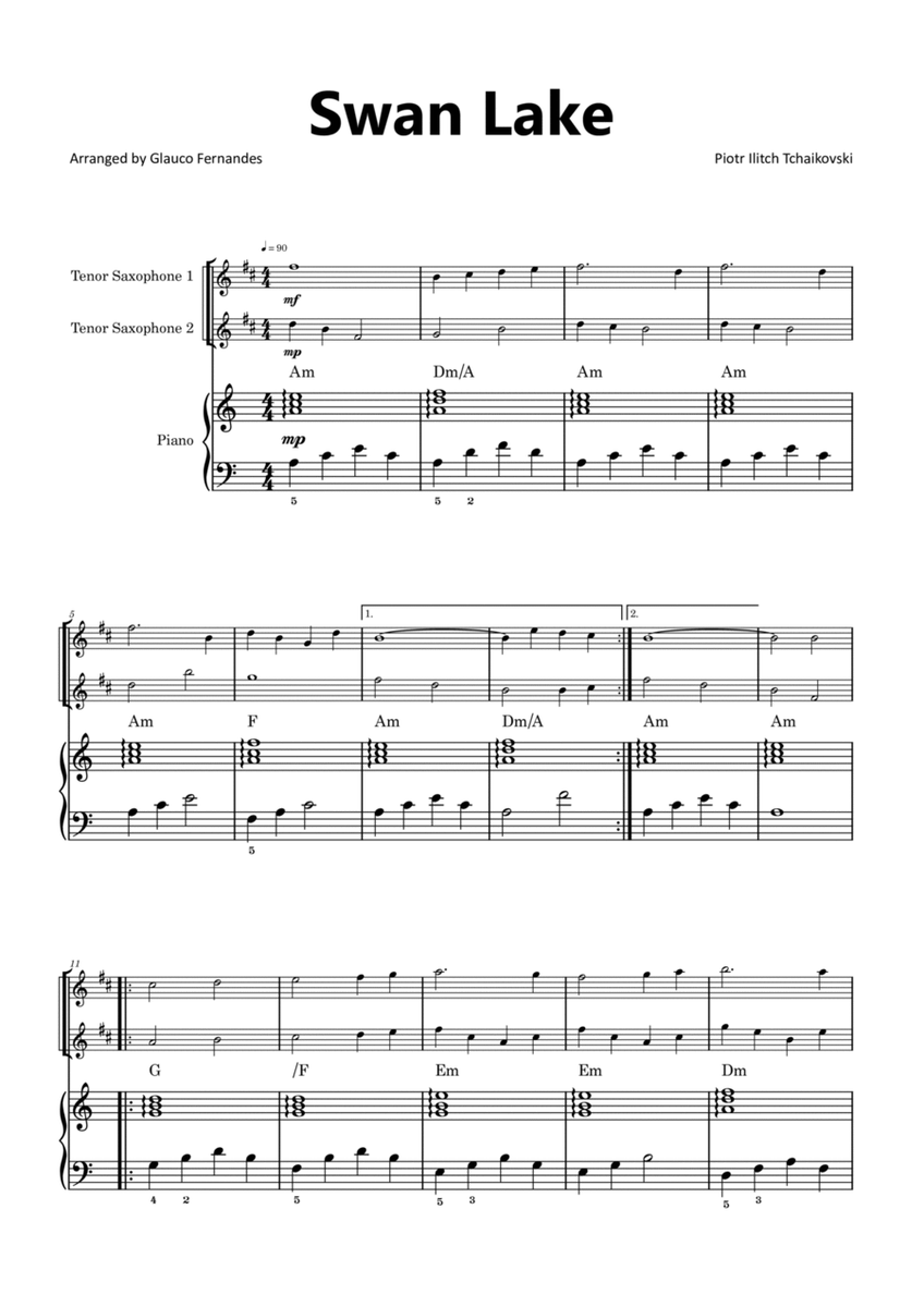 Swan Lake - Tenor Saxophone Duet with Piano and Chord Notations image number null
