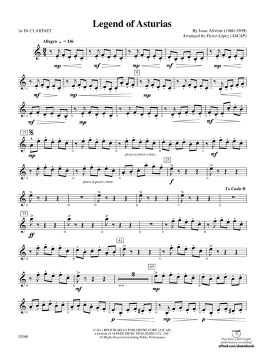 The Legend of Asturias: 1st B-flat Clarinet Concert Band scores gallery preview page 1
