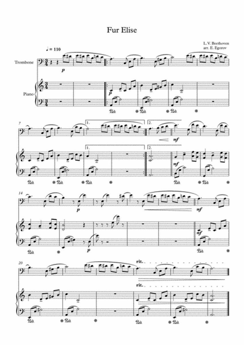 Fur Elise, Ludwig Van Beethoven, For Trombone & Piano image number null