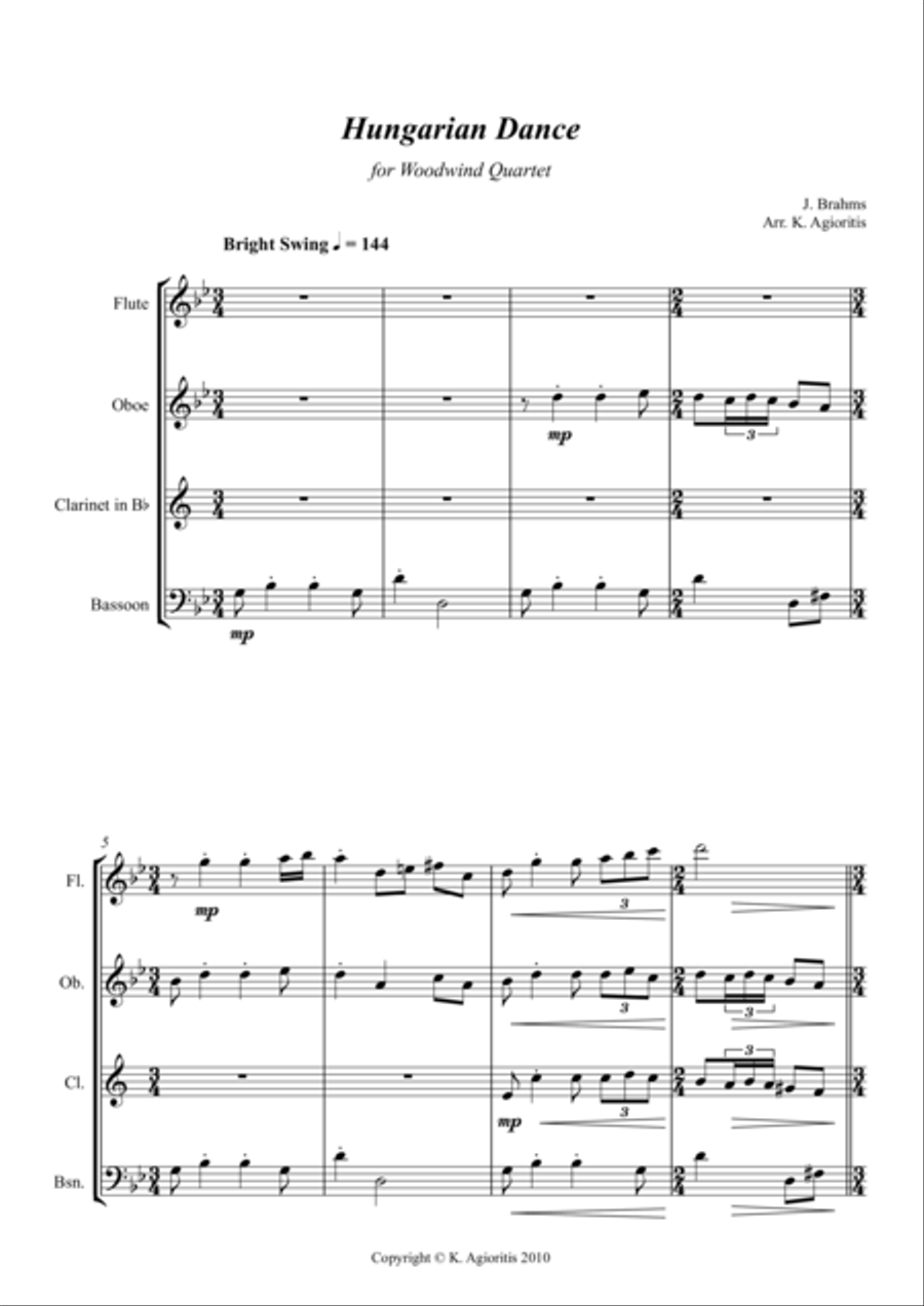 Hungarian Dance - in a Jazz Style - for Woodwind Quartet Woodwind Quartet scores gallery preview page 1