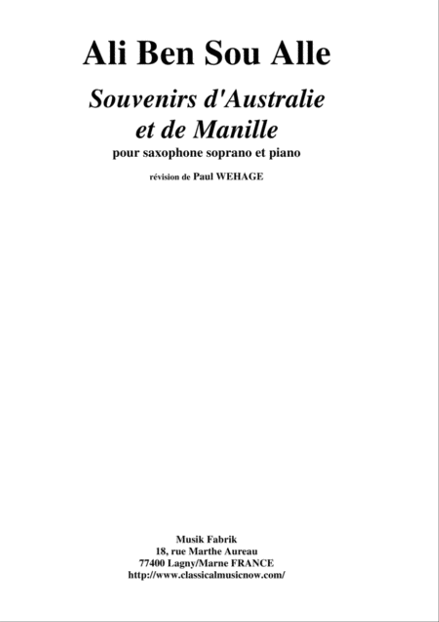 Ali Ben Sou Alle: Souvenirs d'Australie et de Manille for soprano saxophone and piano Soprano Saxophone scores gallery preview page 1