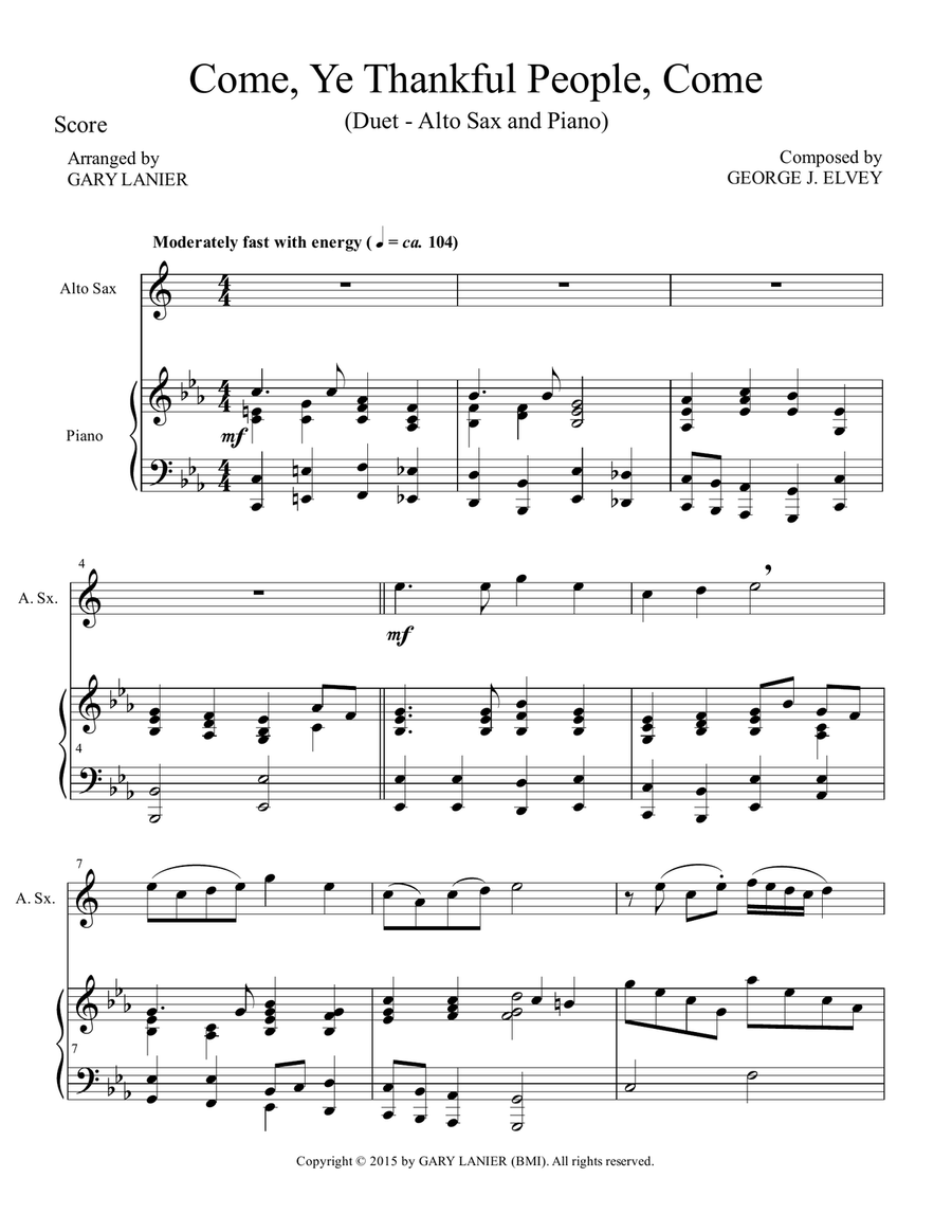 COME, YE THANKFUL PEOPLE, COME (Duet – Alto Sax and Piano/Score and Parts) Woodwind Duet scores gallery preview page 2