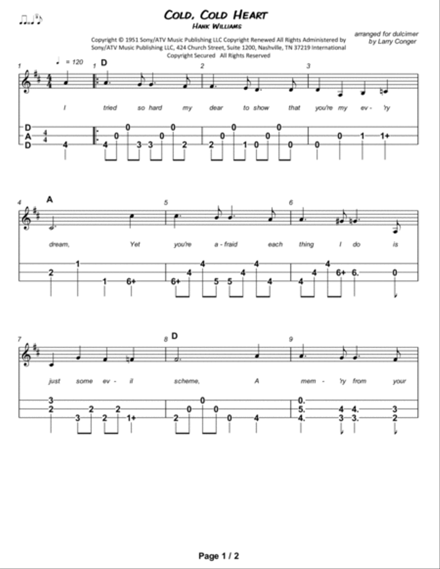 Cold, Cold Heart Dulcimer scores gallery preview page 2