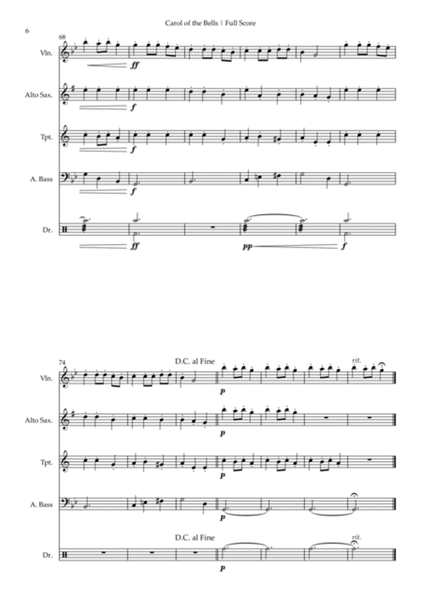 Carol of the Bells Jazz Version (Christmas Song) for Violin, Alto Sax, Trumpet, Ac. Bass and Drums image number null