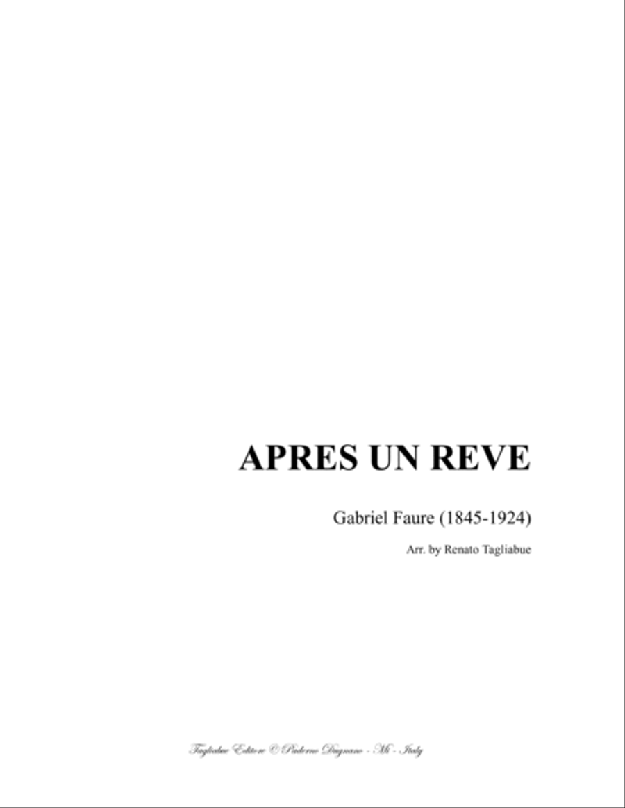APRES UN REVE - Faure - Arr. for Alto (or Baritone), Piano (and Cello ad libitum) Small Ensemble scores gallery preview page 1