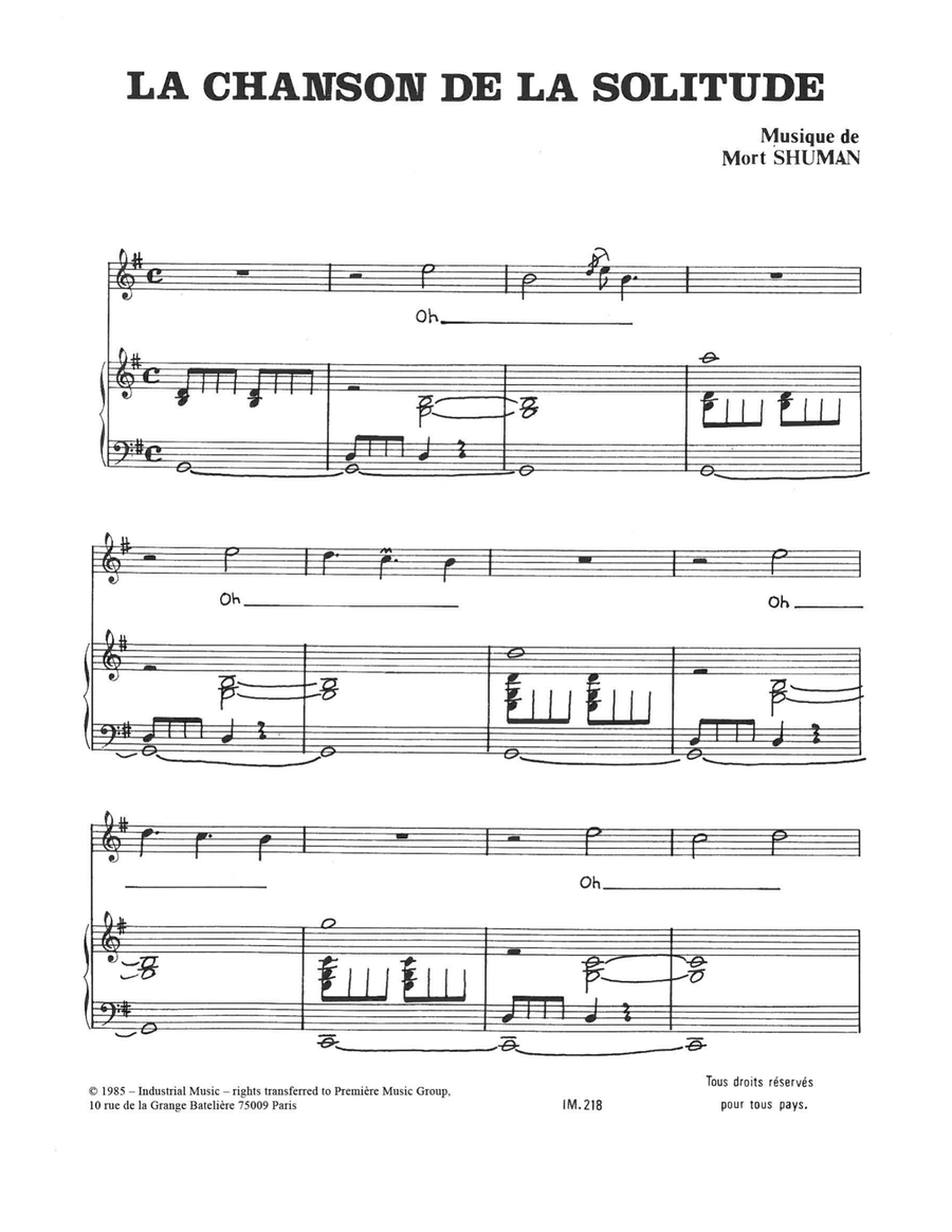 Chanson De La Solitude Piano, Vocal scores gallery preview page 1