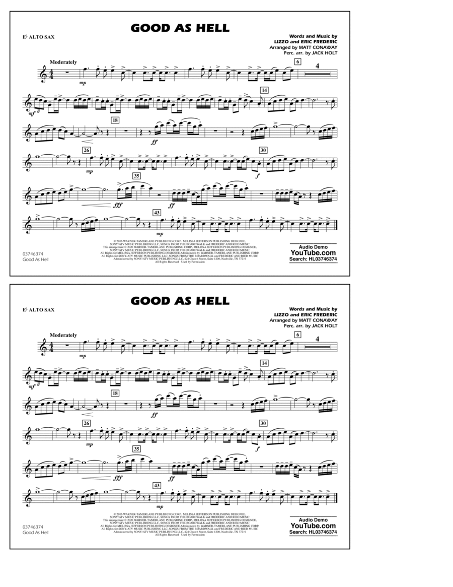 Good As Hell (arr. Matt Conaway and Jack Holt) - Eb Alto Sax Marching Band scores gallery preview page 1