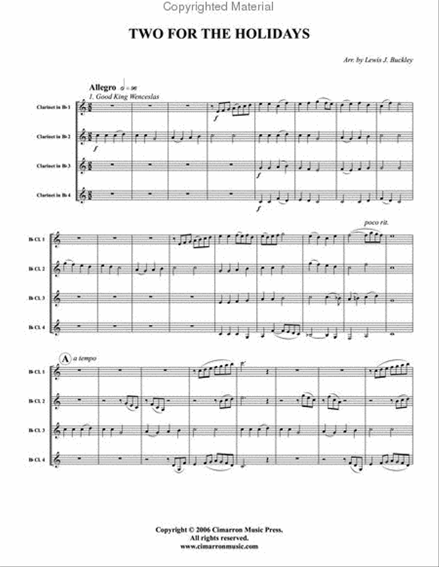 Two for the Holidays Clarinet Quartet scores gallery preview page 2