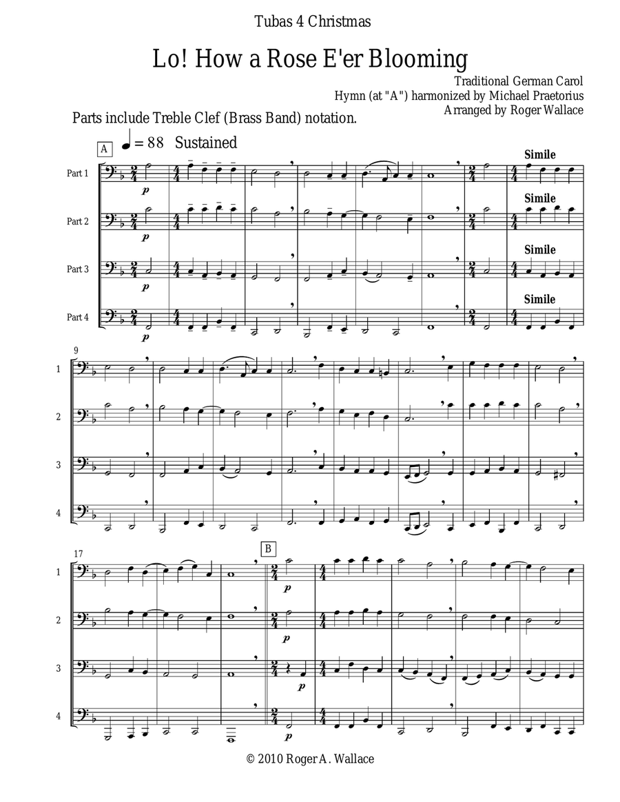 Lo! How a Rose E’er Blooming (Tuba Quartet) Brass Quartet scores gallery preview page 1