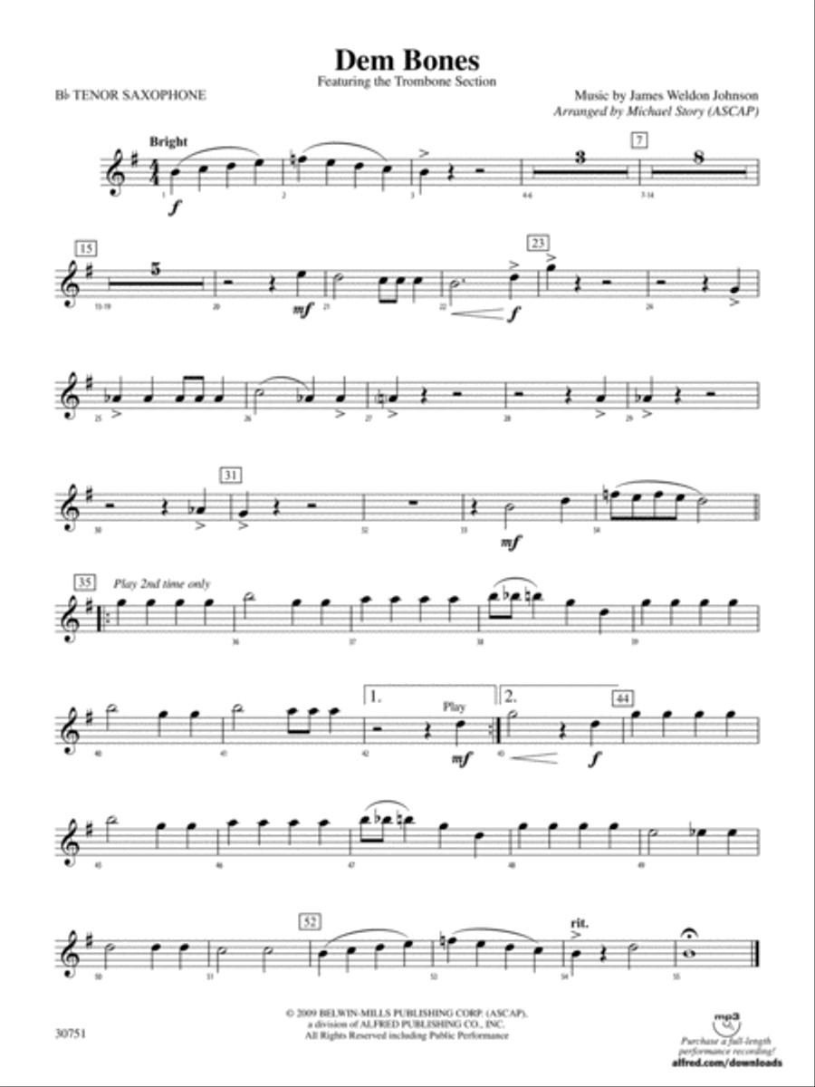 Dem Bones: B-flat Tenor Saxophone Concert Band scores gallery preview page 1