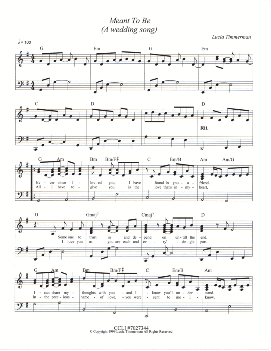 Meant To Be (A Wedding Song) Piano Solo scores gallery preview page 1