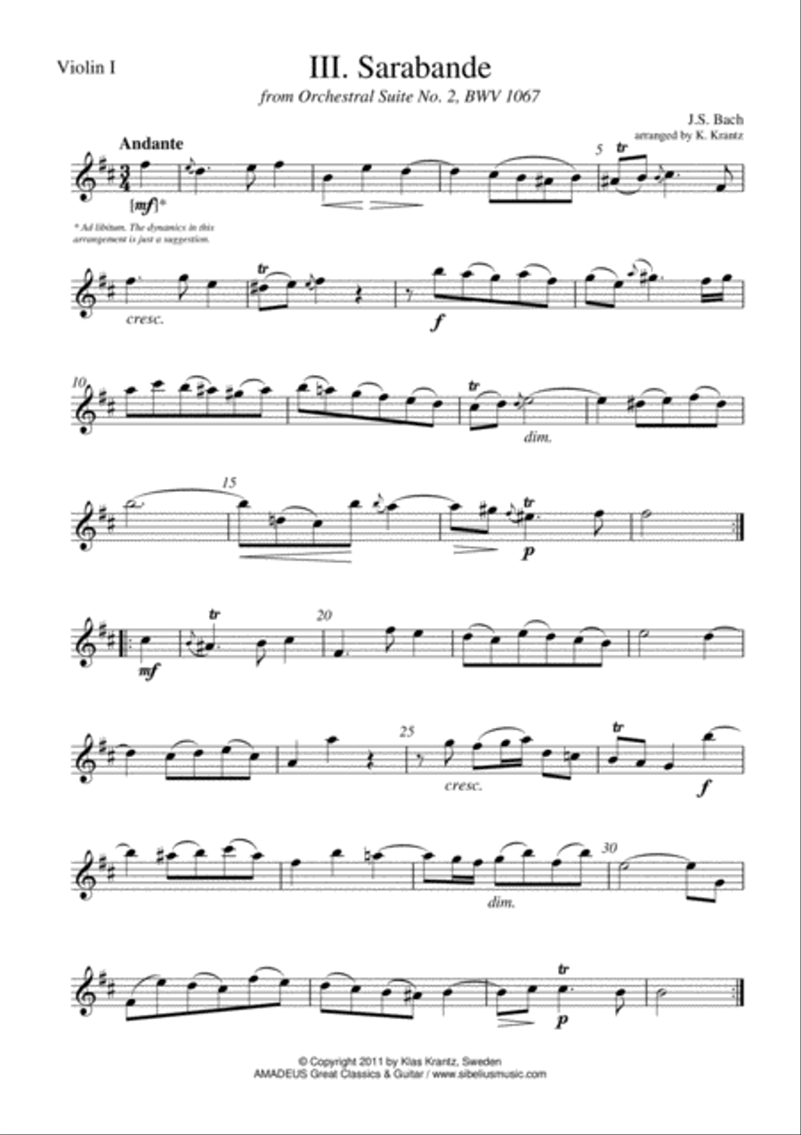 Sarabande Suite 2 BWV 1067 for string quartet String Quartet scores gallery preview page 3