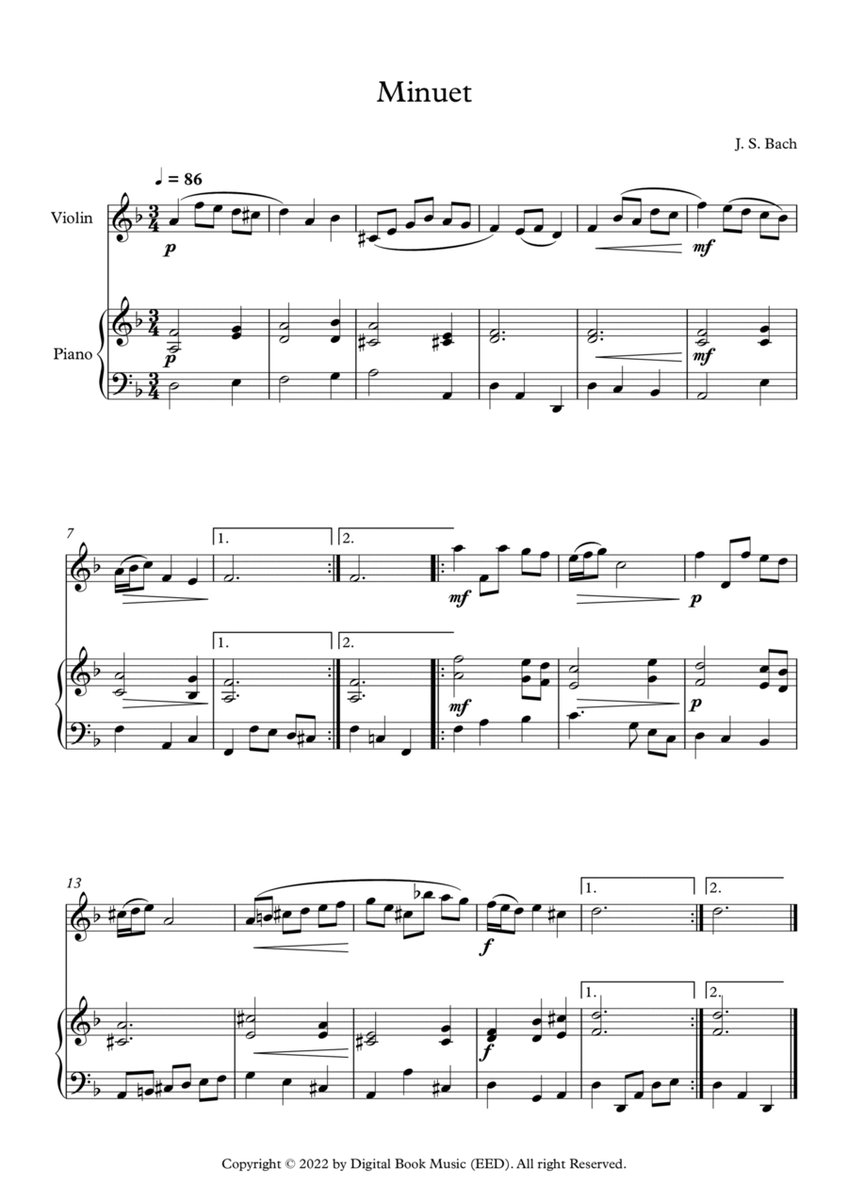 Minuet (In D Minor) - Johann Sebastian Bach (Violin + Piano) image number null