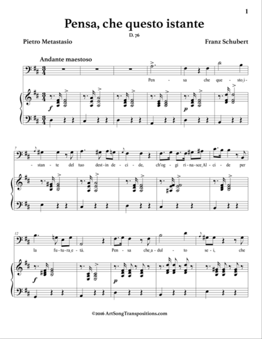 SCHUBERT: Pensa, che questo istante, D. 76 (transposed to D major, bass clef) Voice scores gallery preview page 2
