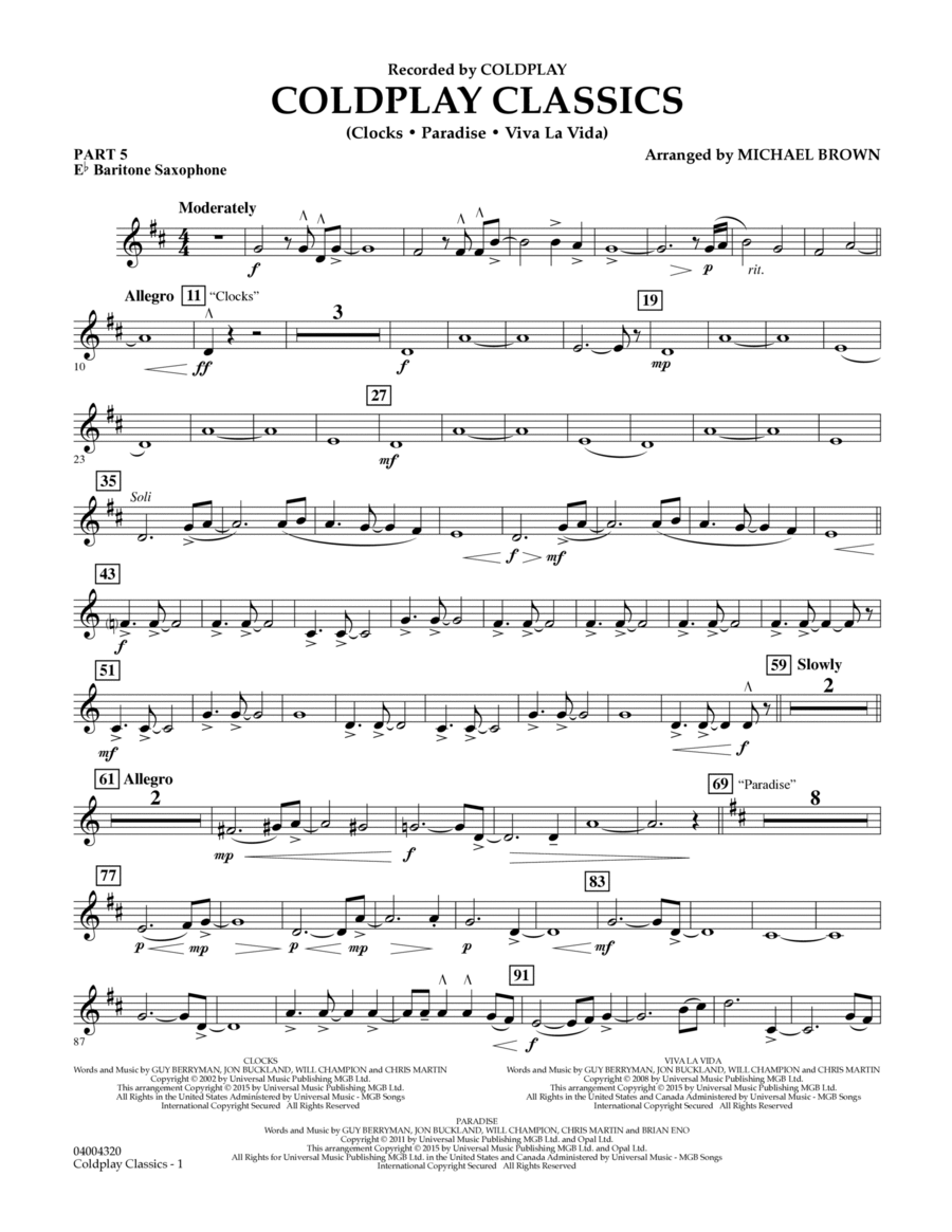 Coldplay Classics - Pt.5 - Eb Baritone Saxophone