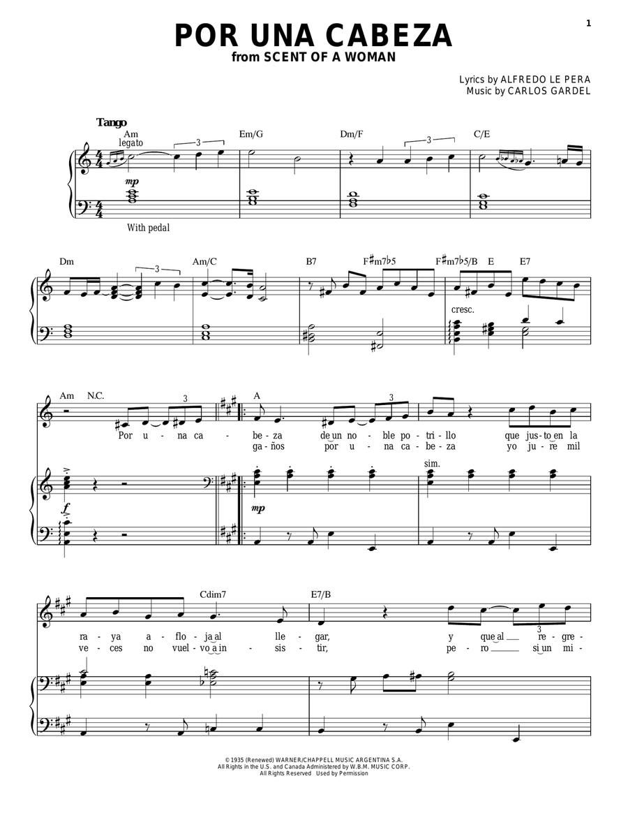 Por Una Cabeza Piano, Vocal scores gallery preview page 1