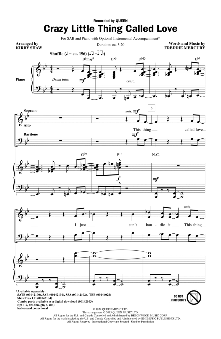 Crazy Little Thing Called Love (arr. Kirby Shaw) 3-Part scores gallery preview page 1