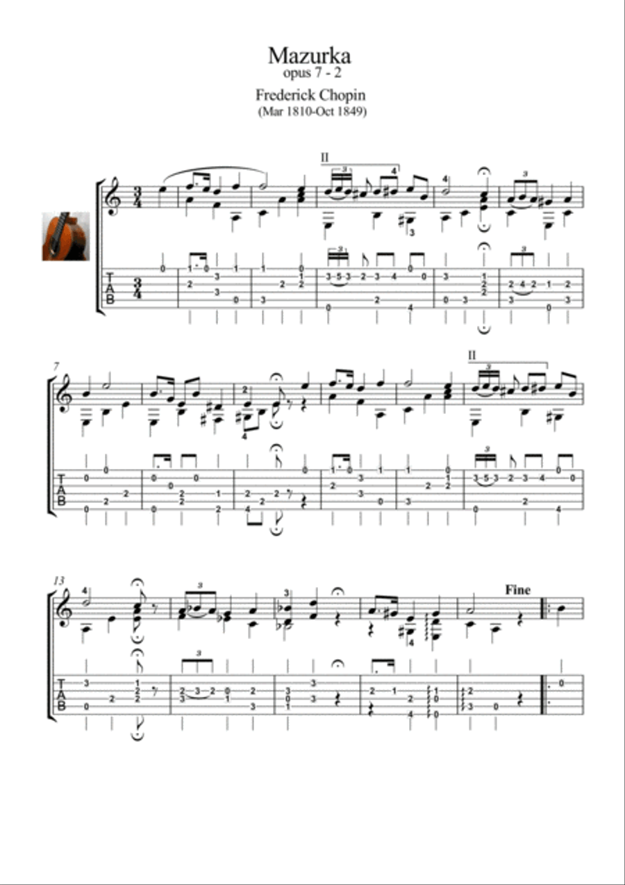 Chopin Mazurka 7-2 classical guitar Acoustic Guitar scores gallery preview page 1