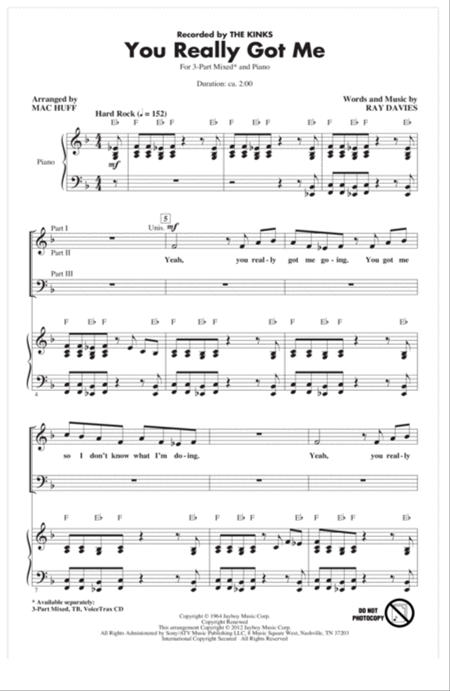 You Really Got Me (arr. Mac Huff) 3-Part scores gallery preview page 1
